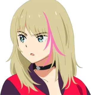 🤨 Anime Mädchen, Blonde Haare, Pinker Streifen, Choker, Cartoon, Portrait telegram sticker