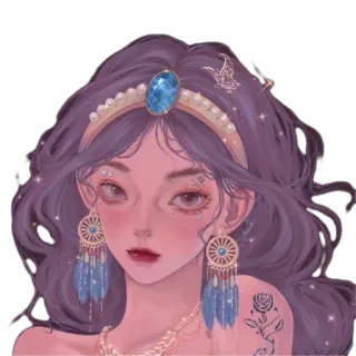 💙 woman, purple hair, jewelry, dreamcatcher earrings, portrait, rose tattoo telegram sticker