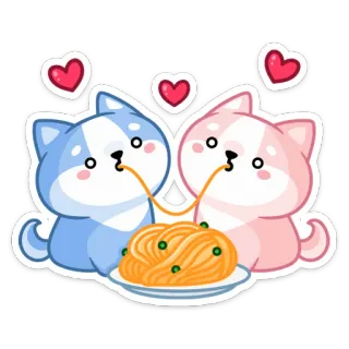 👩‍❤️‍💋‍👨 милый, щенок, ест, спагетти, сердечки, любовь, каваий, собаки telegram sticker