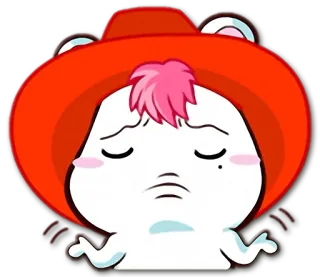 😔 sticker, dibujo animado, lindo, personaje, sombrero, triste, emo, pelo rosa, oso blanco whatsapp sticker