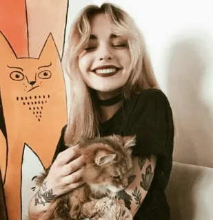 🐼 Frau, Katze, Haustier, Tier, Lächeln, Porträt, Mädchen, Person telegram sticker