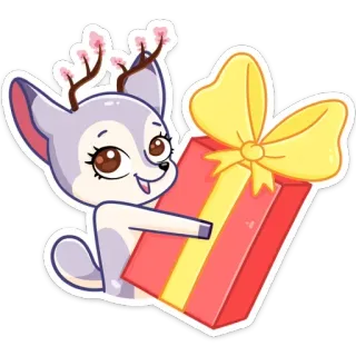 🎁 Hirsch, Cartoon, Tier, Süß, Geschenk, Geschenk, Schleife, Blumen whatsapp sticker