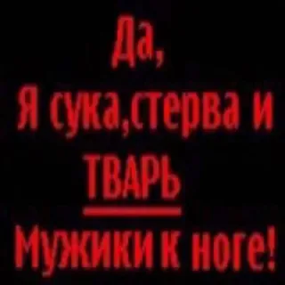 🖕 Да,
Я сука, стерва и тварь
Мужики к ноге! ロシア語, 攻撃的, 挑発的, 侮辱的, 否定的, 罵詈雑言 telegram sticker