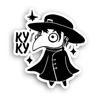 🤠 Ку Ку médico da peste, máscara de pássaro, preto e branco, desenho animado, fofo, adesivo, personagem, vetor telegram sticker