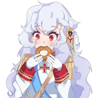 🍩 アニメ, ドーナツ, 食べる, 白い髪, 赤い目, 王冠, 制服 telegram sticker