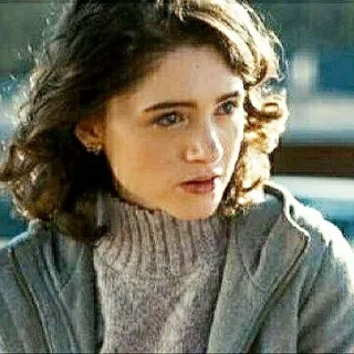 😐 woman, person, curly hair, portrait, female, sweater, gray jacket telegram sticker