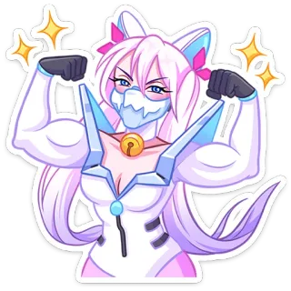 💪 Ragazza anime, Orecchie da gatto, Muscoloso, Forte, Maschera, Capelli rosa, Scintille telegram sticker
