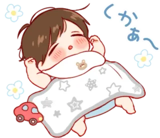 🎭 くかあ〜 bebê, dormindo, fofo, cobertor, estrelas, carro, kawaii whatsapp sticker