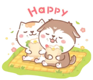 ☺️ Happy Cartoni animati, Animali, Gatto, Cane, Kawaii, Cibo, Panino, Picnic telegram sticker