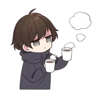 🥱 Anime, Cartone animato, Caffè, Stanco, Ragazzo, Chibi telegram sticker