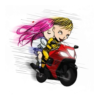 😈 moto, desenho animado, casal, pilotando, velocidade, transporte whatsapp sticker