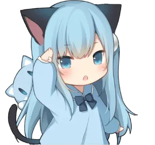 👌 Anime, Katzenmädchen, Kawaii, Süß, Chibi, Blaue Haare, Ohren, Cartoon telegram sticker