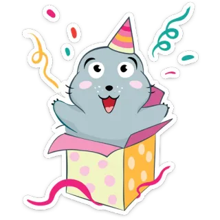 🎁 Siegel, Tier, Cartoon, Geburtstag, Party, Box, Süß, Feier telegram sticker