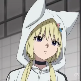 🐱 anime girl, cat ears, hoodie, cute, blonde hair, choker, cartoon whatsapp sticker