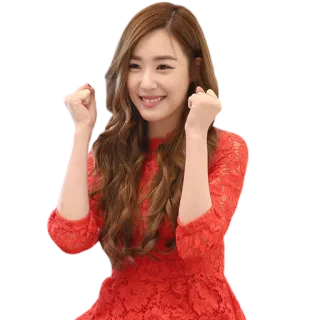🙌 wanita, gaun merah, potret, berambut cokelat, senyum, bersorak telegram sticker