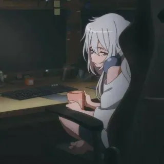 🍒 anime, girl, computer, desk, chair, cup, tired, white hair telegram sticker