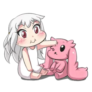 🌙 Anime meisje, Wit haar, Roze konijn, Schattig, Cartoon, Kawaii whatsapp sticker
