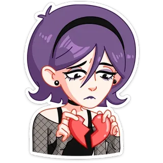 💔 traurig, gebrochenes Herz, Mädchen, lila Haare, emotional, Gothic telegram sticker