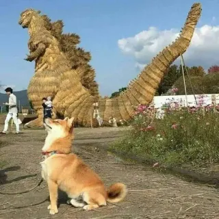 ☁ Godzilla Godzilla, anjing, Shiba Inu, patung jerami, patung, seni, hewan, monster telegram sticker