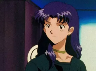 😕 Misato Katsuragi Neon Genesis Evangelion Аниме, Женщина, Фиолетовые волосы, Серьезная, Мисато, Евангелион whatsapp sticker