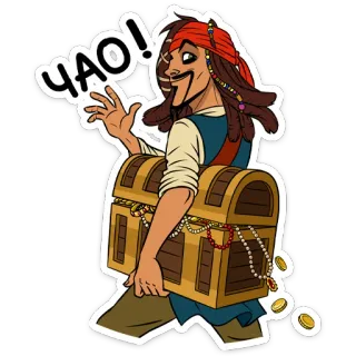 👋 ЧАО! pirate, treasure, chest, gold, cartoon, greeting, saying hello telegram sticker