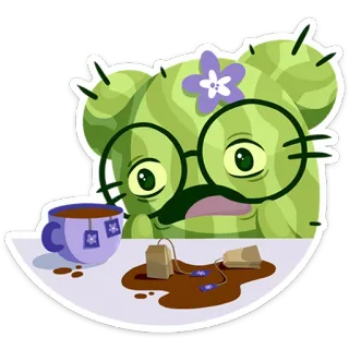 😫 cacto, chá, chá derramado, flor, óculos, triste, desenho animado whatsapp sticker