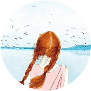 🌸 девушка, рыжие волосы, косы, небо, птицы, озеро, вид сзади, иллюстрация telegram sticker