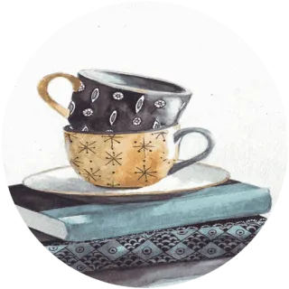 🌸 чайные чашки, книги, акварель, стопка, чайные чашки, чтение telegram sticker