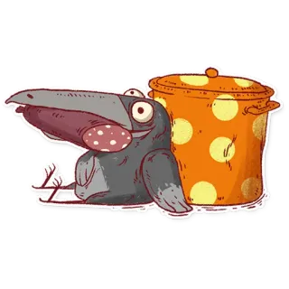 😵 นก, อีกา, ไส้กรอก, หม้อ, อาหาร, สัตว์, การ์ตูน, สติกเกอร์ telegram sticker