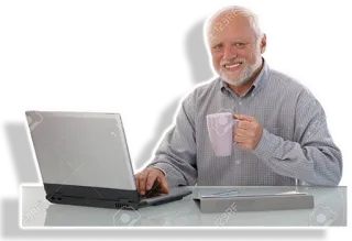 🙂 Hide the Pain Harold интернет-мем, сток фото, Гарольд, компьютер, улыбка telegram sticker