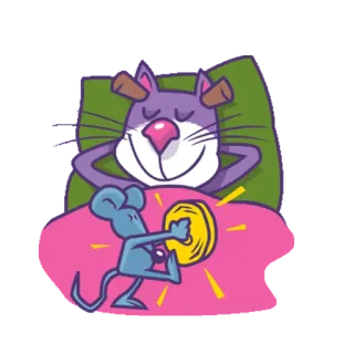 😴 gatto, topo, sonno, cartone animato, monete, letto telegram sticker