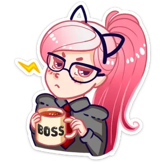 😎 BOSS boss, coffee, cat ears, girl, pink hair, glasses, tie, mug telegram sticker