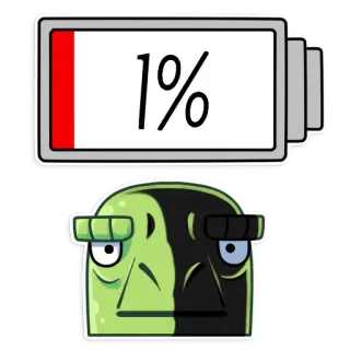 🔋 1% bateria fraca, um por cento, ícone bateria, dispositivo eletrônico, personagem verde telegram sticker