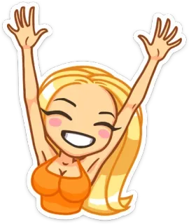 ☺️ Frau, Cartoon, glücklich, blond, fröhlich, Hände hoch, Feier telegram sticker