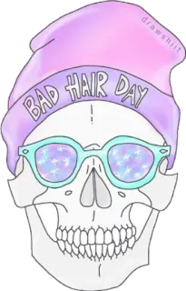 💀 BAD HAIR DAY caveira, óculos de sol, cabelo, pastel, chapéu whatsapp sticker