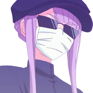 😷 ragazza anime, occhiali da sole, maschera, capelli viola, cappello, cartone animato whatsapp sticker