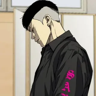 🍸 SAM Anime, Cartone animato, Ragazzo, Maglietta nera, Testo rosa whatsapp sticker