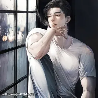 🚬 @FushigiU0Megumi hombre, ventana, arte, fumando, anime, masculino, retrato whatsapp sticker