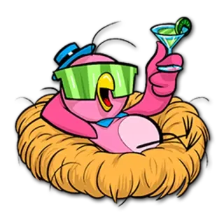 🍸 Vogel, Cartoon, Cocktail, Hut, Sonnenbrille, Nest telegram sticker
