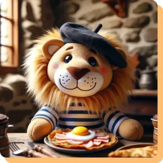👸 lew, beret, jedzenie, śniadanie, francuski, zwierzę, kreskówka, słodki whatsapp sticker