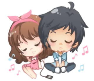 🎧 couple, cartoon, music, cute, love, romance, headphones whatsapp sticker