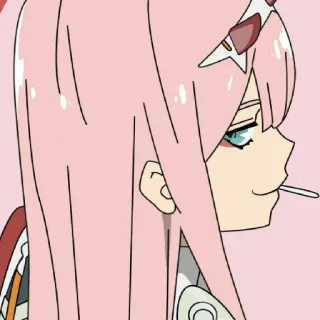 😏 Zero Two Darling in the Franxx 애니메이션, 캐릭터, 제로투, 달링 인 더 프랑키스, 분홍 머리, 막대 사탕, 프로필 telegram sticker