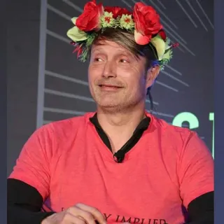☺️ Mads Mikkelsen 俳優, 男, 花, 王冠, ピンクのシャツ, ポートレート telegram sticker