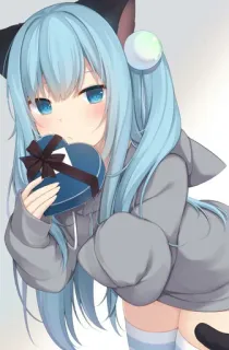 🍫 anime, cô gái, mèo, quà, trái tim, tóc xanh, dễ thương telegram sticker