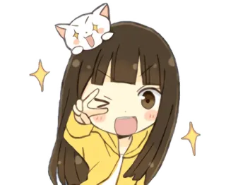 😜 อนิเมะสาว, น่ารัก, แมว, คาวาอิ, ประกาย, ขยิบตา, สัญลักษณ์สันติภาพ telegram sticker
