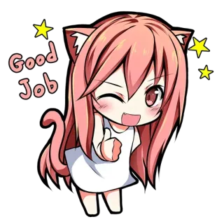 👍 Good Job ragazza anime, orecchie da gatto, carino, kawaii, positivo, scintille, bravo, pollice in su telegram sticker