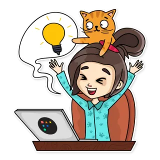 🤩 cartone animato, gatto, idea, lampadina, donna, laptop, lavorando, felice, carino telegram sticker