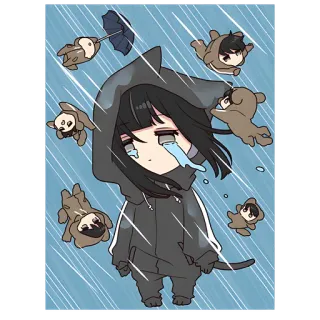 😭 Anime, Sedih, Hujan, Menangis, Beruang, Chibi, Kartun, Ilustrasi telegram sticker
