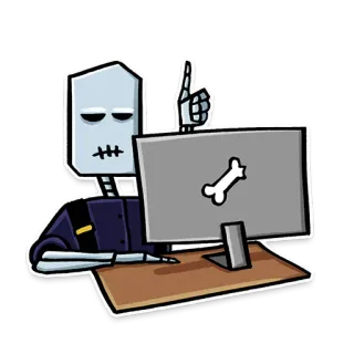 👍 skeleton, computer, desk, bone, office, cartoon telegram sticker
