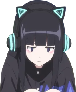 😕 Anime, Mädchen, Kopfhörer, Katzenohren, düster telegram sticker